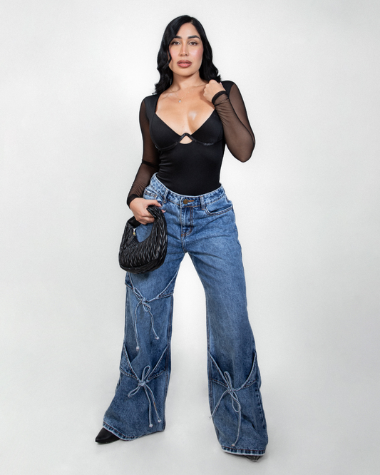 Jean wide leg con moños - vista frontal